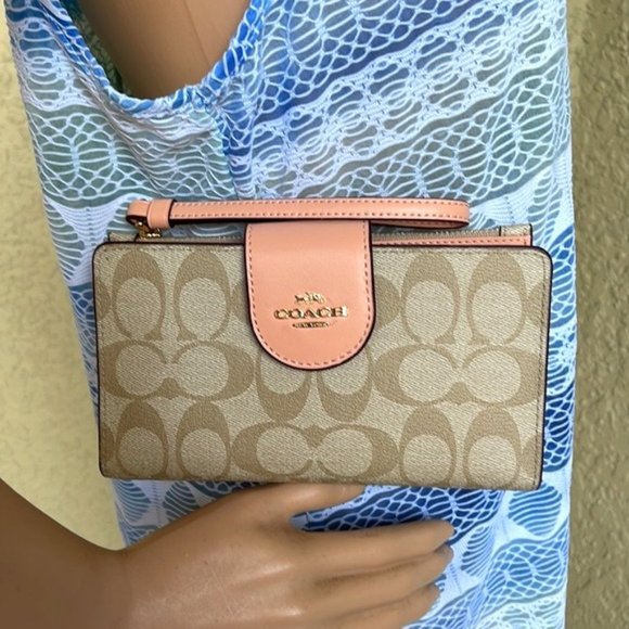 Coach Handbags - Coach Tech Phone Wallet In Colorblock Signature Canvas Light Khaki / Faded Blush